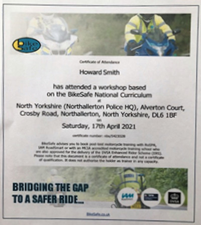 North Yorkshire BikeSafe certificate Howard Smith MBE