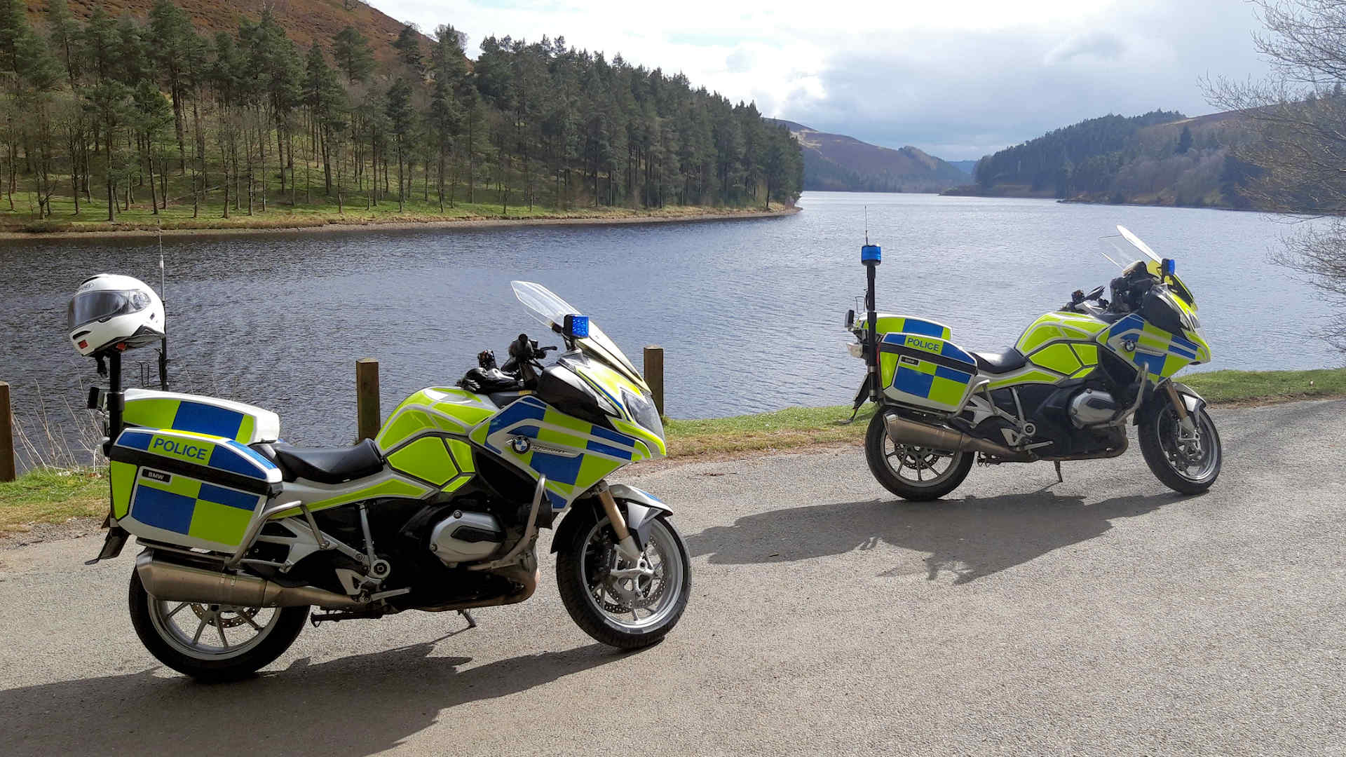 Derbyshire BikeSafe police motorcyclists at Ladybower reservoir