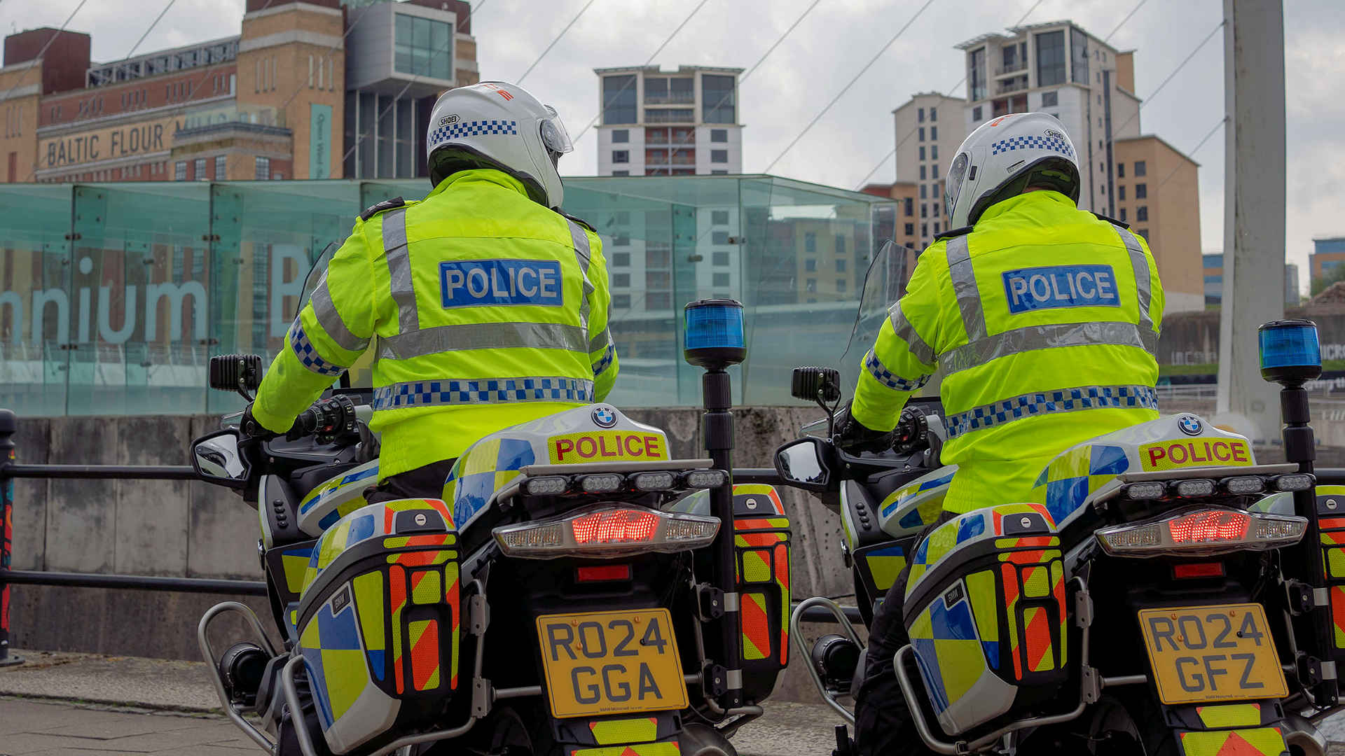 Northumbria Police advanced police motorcyclists on Gateshead Millennium Bridge
